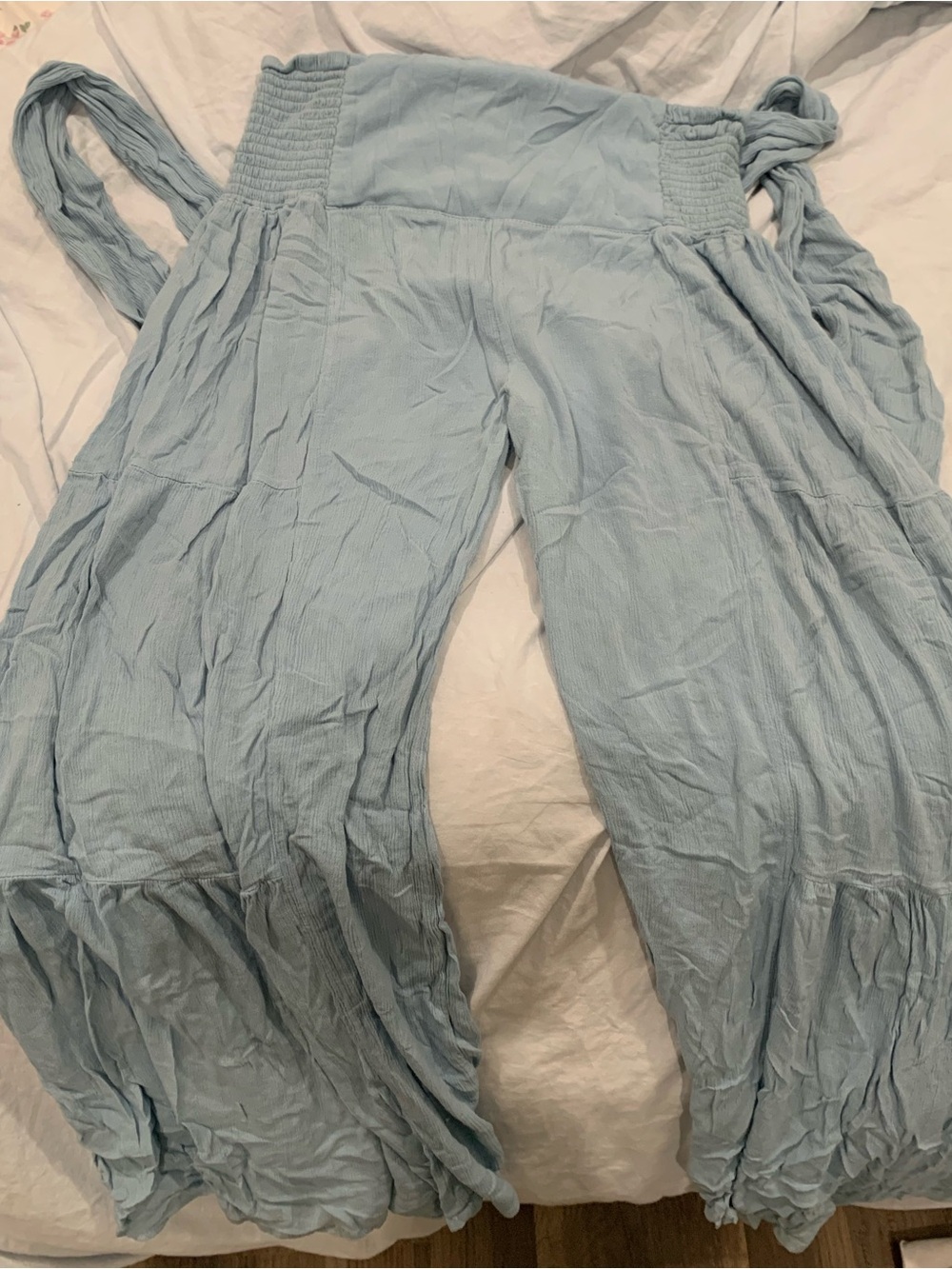Lux Light Blue Wide-Leg Smocked Jumpsuit with Tie Straps